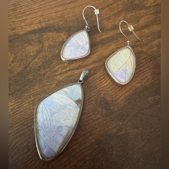 Costa Rican Butterfly Wing Iridescent Silver Earring and Pendant SET - Picture 3 of 7